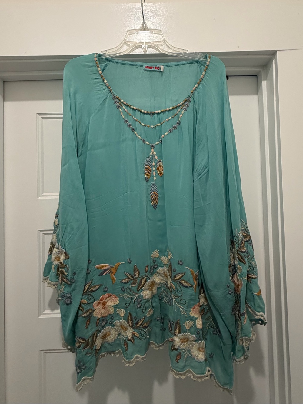Embroidered Teal Johnny Was Floral Boho Women’s Top